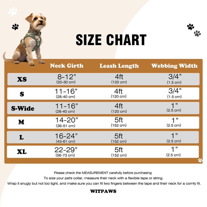 May include: Size chart for dog harnesses, featuring measurements for neck girth in inches and centimeters, leash length in feet, and webbing width in inches. Includes sizes XS to XL. A dog wearing a harness is in the image.