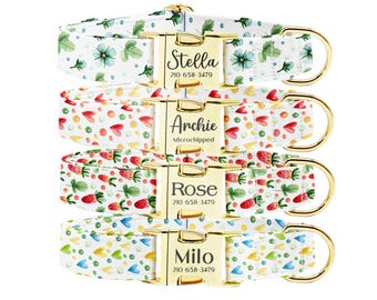 Personalized Strawberry Dog Collar: Laser-Engraved Pet ID, Gold Buckle