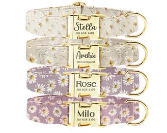 Personalized Daisy Dog Collar Leash Set: Engraved Metal Buckle, Custom Pet Name