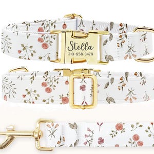Personalized Dog Collar, Customized Engraved Metal Buckle, Dog Collar Leash Set, Custom Pet Gift, Name+Phone, Wedding, White Floral Collar