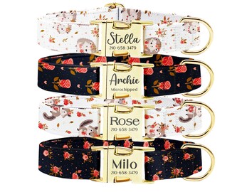 Personalized Love Rose Dog Collar Leash Set: Engraved Buckle, Custom Pet ID