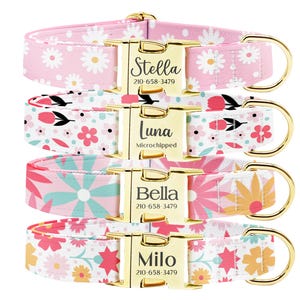 Personalized Dog Collar, Customized Engraved Metal Buckle, Dog Collar Leash Set, Custom Pet Gift, Custom Name Phone, Pink Floral Dog Collar