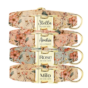 Personalized Floral Dog Collar: Engraved Metal Buckle, Custom Pet Gift
