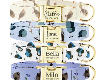 Personalized Bird Print Dog Collar with Engraved Name Buckle, Nylon Pet Collar