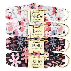 Personalized Dog Collar, Customized Engraved Metal Buckle, Dog Collar Leash Set, Custom Pet Gift, Custom Name+Phone, Floral Dog Collar