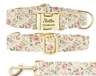 Personalized Rose Dog Collar and Leash Set, Custom Gold Buckle Floral Collar