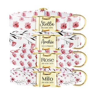 Personalized Dog Collar Leash Set: Engraved Buckle, Pink Floral Custom Pet Gift