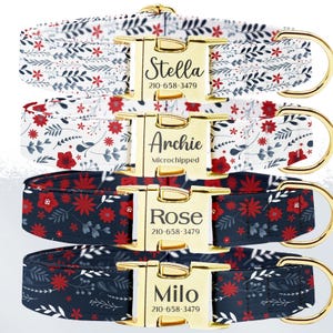 Personalized Winter Floral Dog Collar: Engraved Buckle, Custom Pet Gift