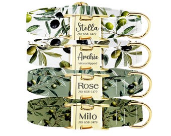 Personalized Olive Dog Collar Leash Set: Engraved Metal Buckle, Custom Pet Name