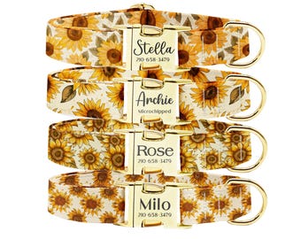Personalized Boho Sunflower Dog Collar Leash Set - Engraved Metal Buckle