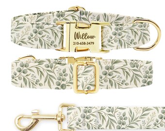 Personalized Greenery Dog Collar and Leash Set, Custom Gold Buckle Collar