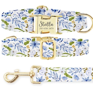 Personalized Floral Dog Collar Leash Set: Engraved Metal Buckle