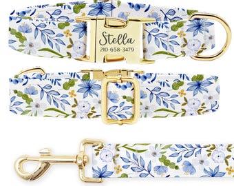 Conjunto de collar y correa para perro con estampado floral personalizado: Hebilla de metal grabada