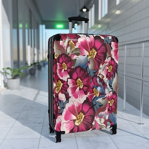 Suitcase Set in Rustic Cosmos Flowers & Pink Roses, Custom Designed Luggage Set, Travel Luggage, Cabin Suitcases, Carry-On Roller Suitcases