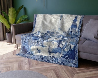 Chinoiserie Throw Blanket, Blue Willow Crushed Velvet Blanket, Maximalist Blanket, Pagoda Forest Cozy Blanket, Grandmillenial Throw Blanket