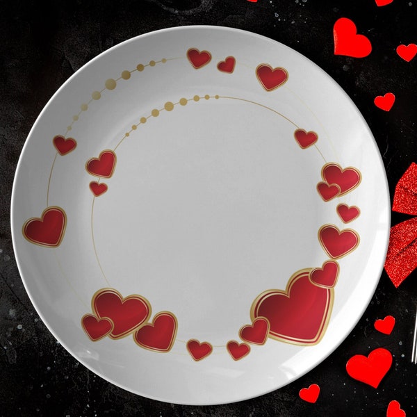 Red Hearts Valentine Dinner Plate, Custom Designed Gold and Red Heart Wreath Dinnerware, Valentines Day Gifts, Gifts for Her