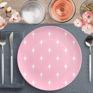 Retro 1950s Pink Atomic Starburst Dinner Plates, Mid Century Modern, Atomic Age Kitchenware, 10 inch Decorative Dishes, MCM Dinnerware