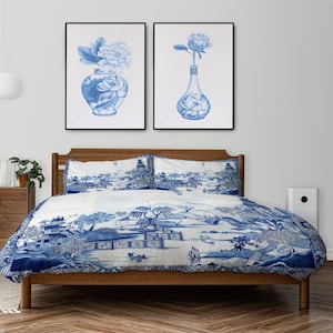 Duvet Cover in Blue Willow Chinoiserie, Blue and White Chinoiserie Floral Duvet Cover, Queen King Size Microfiber Bedding, Wedding Gifts