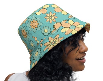 Mid Mod Daisy Groovy Hippie Floral Reversible Bucket Hat