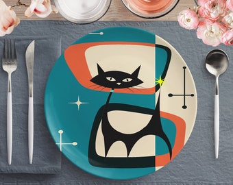 Retro Atomic Black Cat Dinner Plates, Teal Blue, Cream, Burnt Orange Mid Century Modern Dinnerware, Microwave, Oven, Dishwasher Safe Dishes