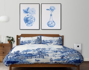Duvet Cover set in Blue Willow Chinoiserie, Blue and White Chinoiserie Floral Duvet Cover, Queen King Size Microfiber Bedding, Wedding Gifts