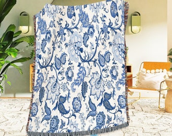 Blue And White Floral Chinoiserie Woven Blankets, 100% Cotton Yarn, Made in USA