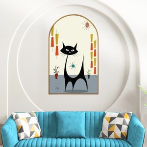 Atomic Cat Retro Abstract Wall Art, Mid Century Modern Arched Canvas, MCM Atomic Age Decor