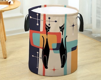 Mid Century Modern Atomic Cat Laundry Basket, Large Capacity, Collapsible, Freestanding, Waterproof, Machine Washable Basket