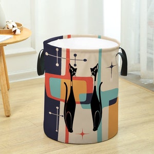 Mid Century Modern Atomic Cat Laundry Basket, Large Capacity, Collapsible, Freestanding, Waterproof, Machine Washable Basket