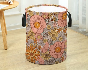 70s Groovy Hippie Retro Floral Laundry Basket, Mid Century Modern Large Capacity and Collapsible, Freestanding, Waterproof, Machine Washable