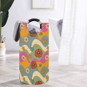 70s Retro Groovy Floral Daisy Laundry Basket, Large Capacity, Collapsible, Freestanding, Waterproof Laundry Hamper, Clothes Basket