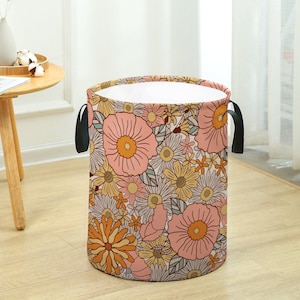 70s Groovy Hippie Retro Floral Laundry Basket, Mid Century Modern Large Capacity and Collapsible, Freestanding, Waterproof, Machine Washable
