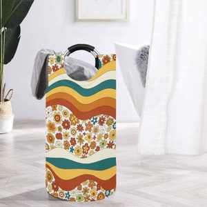 70s Groovy Hippie Retro Wavy Floral Laundry Hamper, Large Capacity, Collapsible, Freestanding, Waterproof Laundry Basket, Clothes Basket