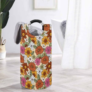 70s Retro Groovy Hippie Floral Laundry Hamper, Large Capacity, Collapsible, Freestanding, Waterproof Laundry Basket, Clothes Basket