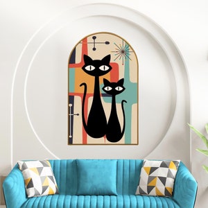 Atomic Cat Arched Wall Art, Mid Century Modern Abstract Canvas, Retro MCM Kitsch Decor