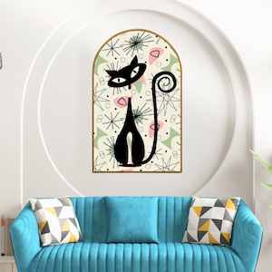 Atomic Cat Mid Century Modern Arched Canvas Wall Art, Retro Starburst Home Decor, MCM Cool Cat Accent Art