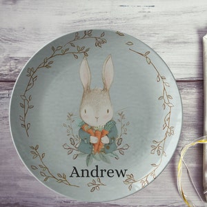 Personalized Easter Bunny Kids Plate - Custom Name Floral Bunny Dinnerware for Girls and Boys