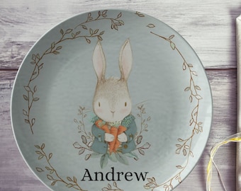 Personalized Easter Bunny Kids Plate - Custom Name Floral Bunny Dinnerware for Girls and Boys