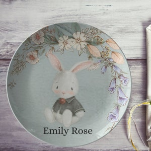Kids Easter Bunny Personalized Name Dinner Plate, Floral Rabbit Custom Dinnerware for Girls and Boys