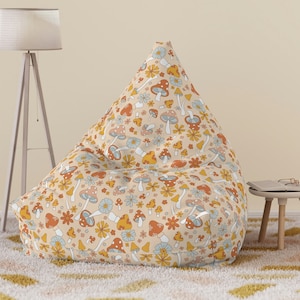 Retro Mushroom Bean Bag Chair Cover, 60s, 70s Floral Hippie Groovy Bean Bag Cover, Flower Power Pink Mushroom Cottagecore Lounge Room Decor