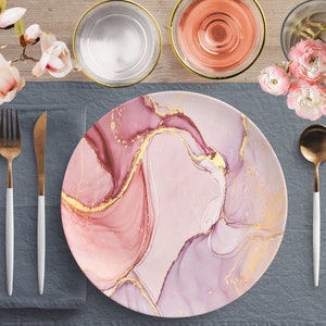 Dinner Plate in Luxury Peach Pink Alcohol Ink Marble, Marble Print Dinnerware, 10 inch Dinner Plates, Decorative Dishes, Non Melamine Plates