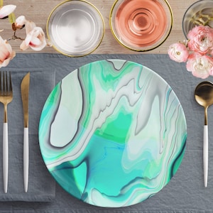 Green Marble Dinnerware Set, Microwave Safe Marble Plate, Decorative Dinnerware, 10 Inch Marble Dinner Plate, Mothers Day Gift, Wedding Gift