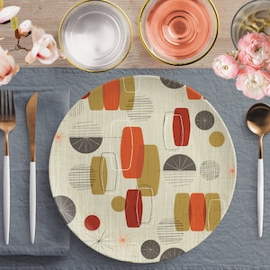 Dinner Plate in Mid Century Modern Retro Vintage Abstract Starburst Print, Custom Orange, Green, Retro Boho, Geometric Mid Mod Dinnerware
