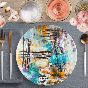Dinner Plate in Handpainted Modern Abstract Art, Custom Designed Printed Artwork Dinnerware, Decorative Dishes, Grilling Plate Wedding Gifts