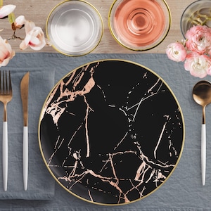 Dinner Plates in Luxurious Black & Gold Marble Veins with Gold Rim, Custom Designed Marble Dinnerware Set, Marble Dinner Plates, Minimalist