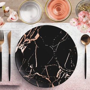 Dinner Plates in Luxurious Black & Gold Marble Veins, Custom Designed Marble Dinnerware Set, Marble Dinner Plates, Modern Minimalist Plates