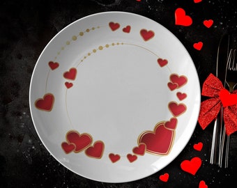 Red Hearts Valentine Dinner Plate, Custom Designed Gold and Red Heart Wreath Dinnerware, Valentines Day Gifts, Gifts for Her