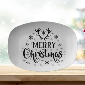 Christmas Platter, Black & White Script Lettering Merry Christmas, Reindeer, Snowflakes, Thanksgiving Platter, Holiday Plates, Holiday Gifts