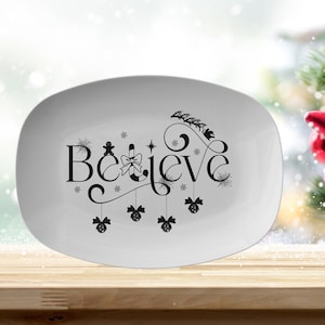Believe Christmas Platter, Holiday Plate, Black & White Script Lettering, Santa&#39;s Sleigh, Reindeers, Snowflakes, Thanksgiving Dinnerware