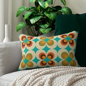 70s Retro Mid Mod Daisy Lumbar Pillow, Mid Century Modern Flower Power Pillow, MCM Lime, Mustard Yellow Living Room Decor